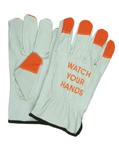 MCR 3215HVI Leather Drivers Gloves with "Watch Your Hands" Logo and Orange Fingertips